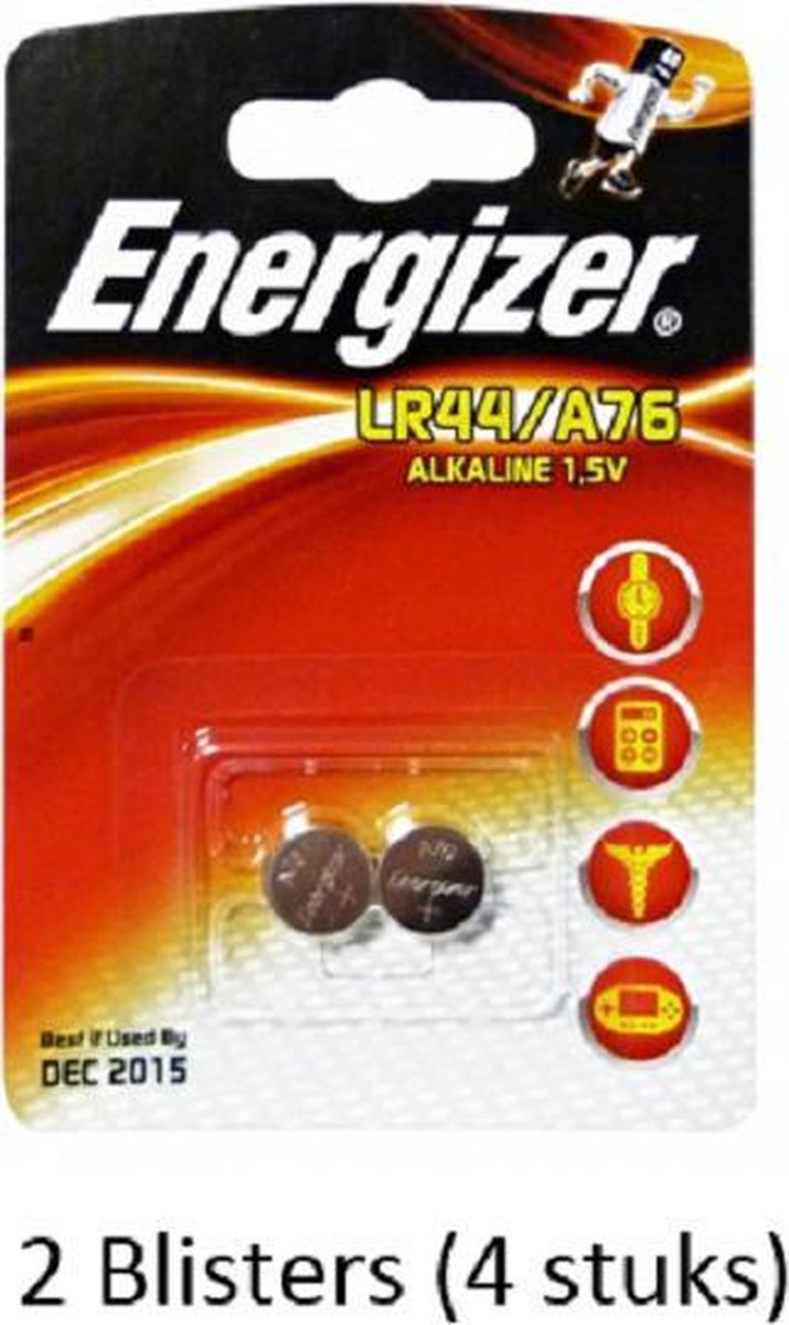 4 stuks (2 blisters a 2 stuks) Energizer Alkaline knoopcel LR44/A76 1.5V