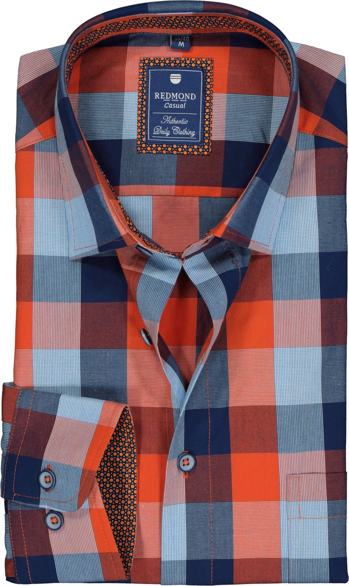 Redmond heren overhemd Regular Fit - oranje met blauw geruit (contrast) - Strijkvriendelijk - Boordmaat: 43/44