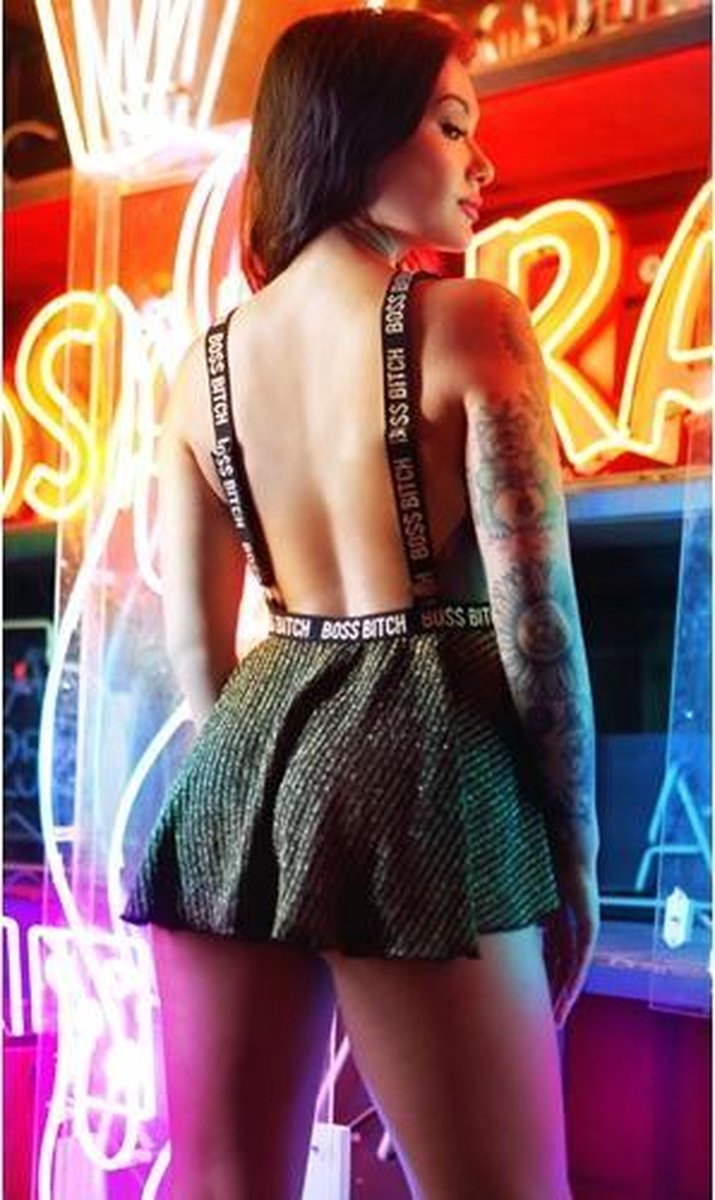 Skater Rokje Met Bretels -Zwart/Goud - S/M - Goud - Sexy Lingerie & Kleding - Sexy Dameskleding -  Dames Lingerie - Partykleding