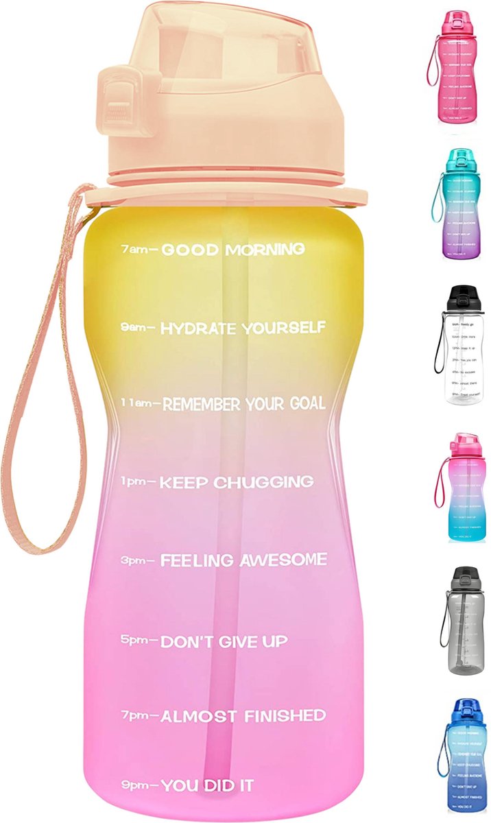 FLOOQ - Waterfles - Bidon - Sportdrankfles - Grote waterfles - Rietje - 2 Liter - Lekvrij - Tijdsmarkering - Motivatie Waterfles - Goud/Roze