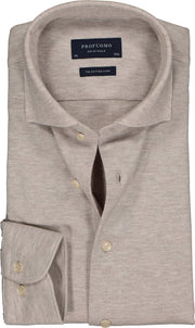 Profuomo Slim Fit jersey overhemd - beige melange knitted shirt - Strijkvrij - Boordmaat: 38