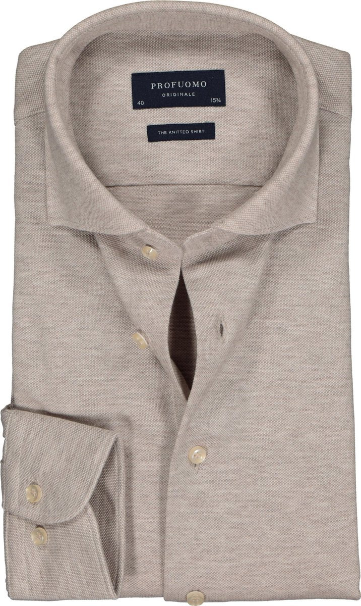 Profuomo Slim Fit jersey overhemd - beige melange knitted shirt - Strijkvrij - Boordmaat: 38