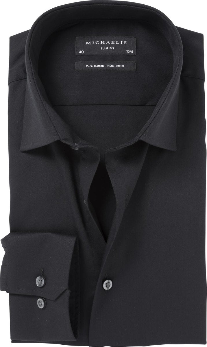Michaelis Heren Overhemd Zwart Effen Twill - 42