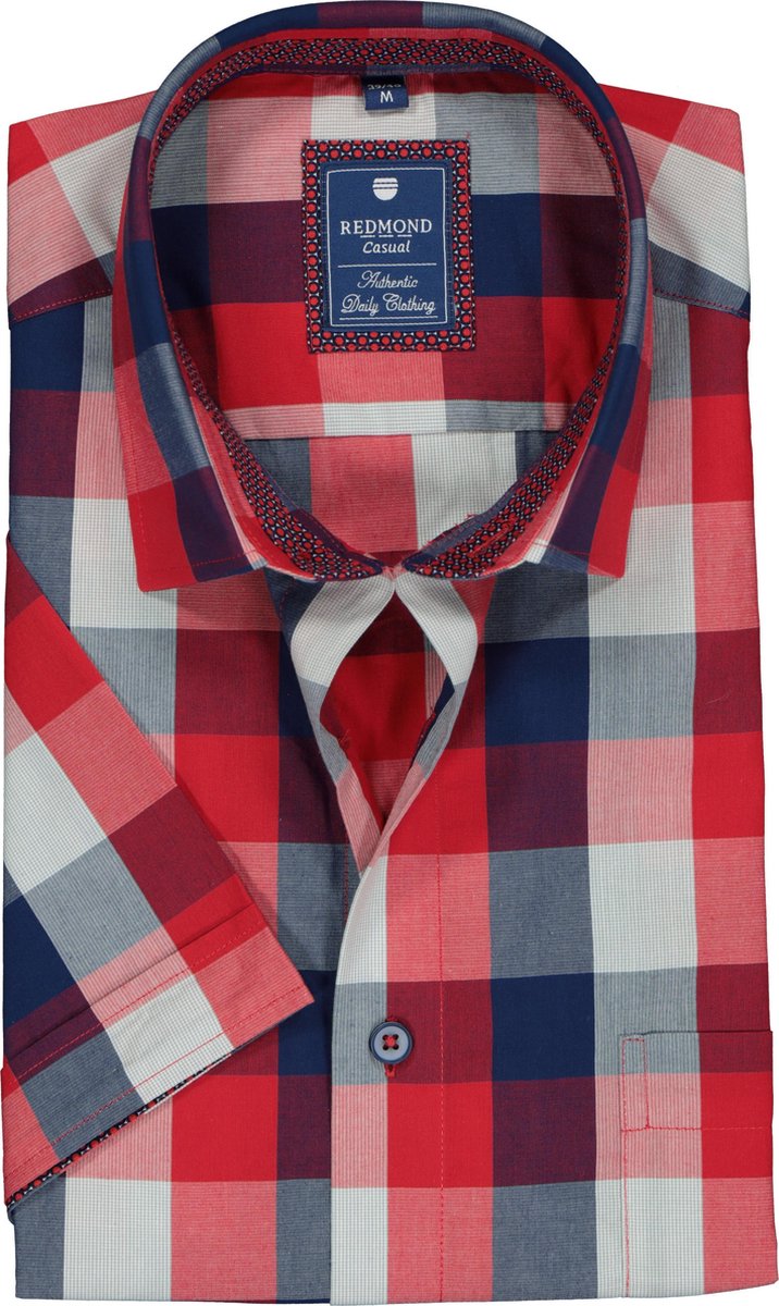 Redmond heren overhemd Regular Fit - korte mouw - rood met blauw geruit (contrast) - Strijkvriendelijk - Boordmaat: 41/42