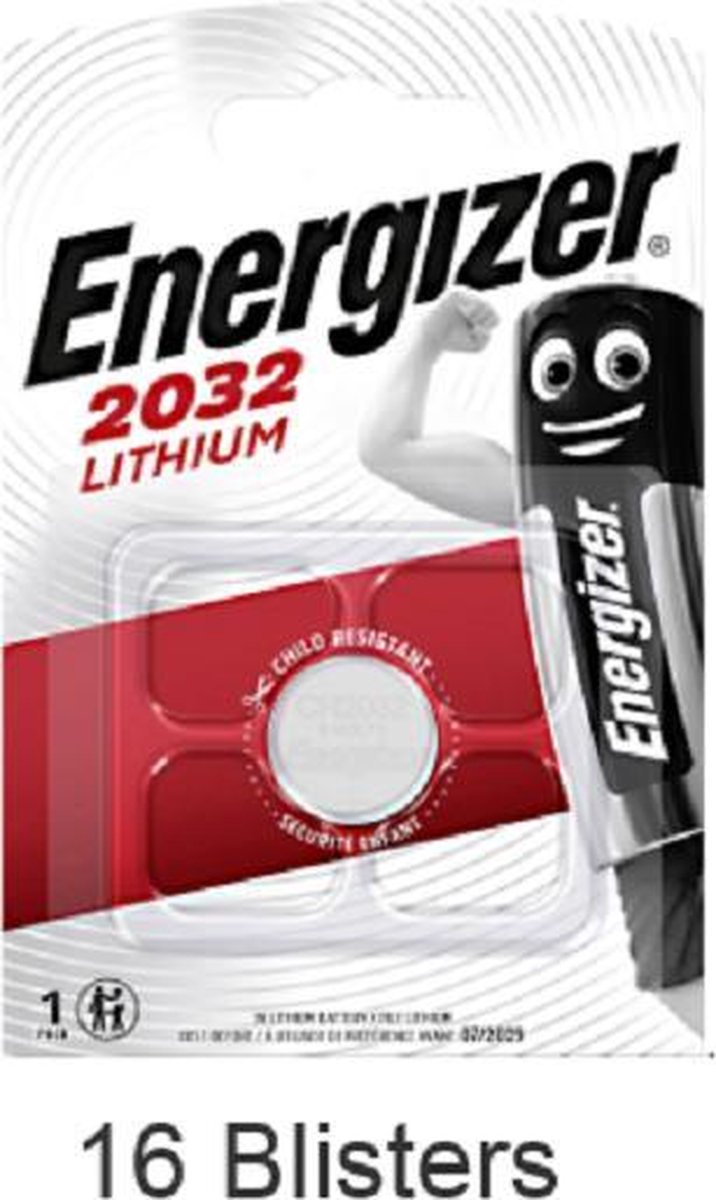 16 stuks (16 blisters a 1 stuk)  Energizer CR2032 Knoopcel Lithium 3V 240 mAh