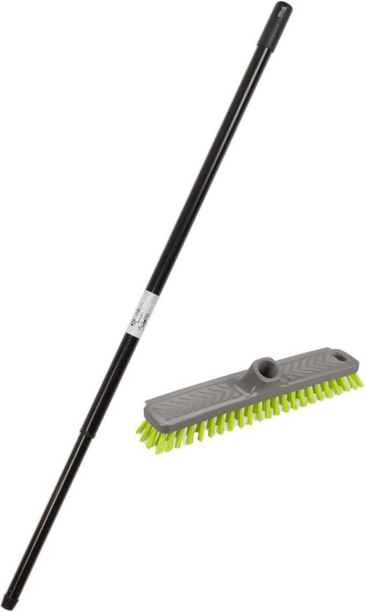 Kunststof schrobborstel/schrobber grijs/groen inclusief metalen telescoopsteel geel 130 cm - Schoonmaakborstels