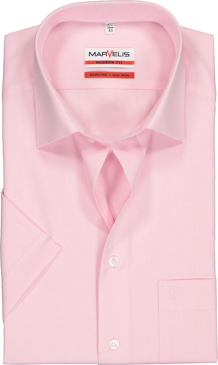 MARVELIS Modern Fit overhemd korte mouw - roze - Strijkvrij - Boordmaat: 43
