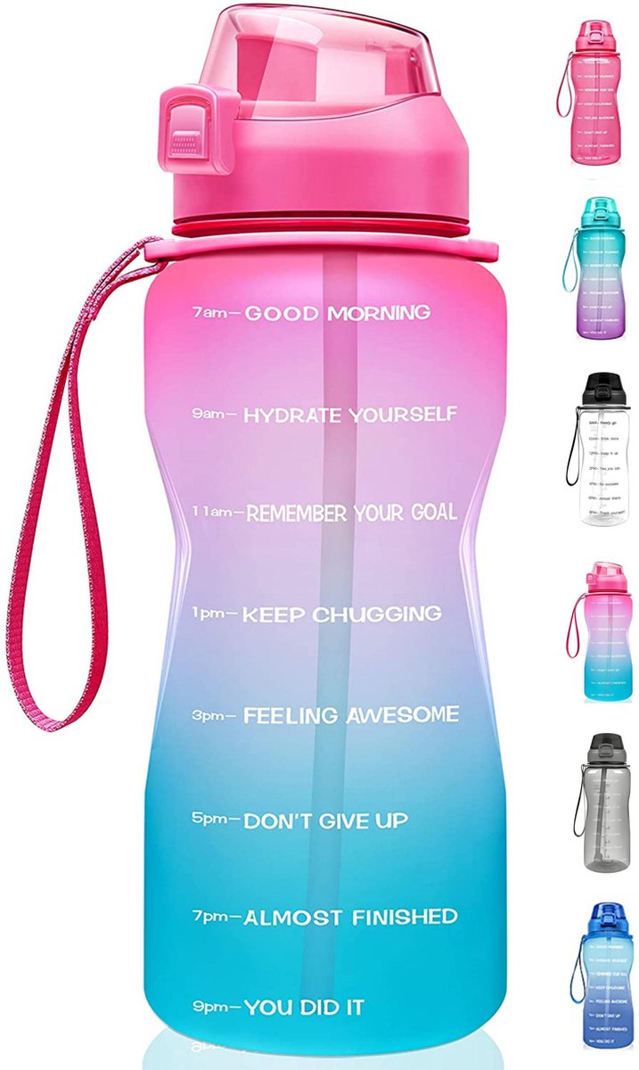 FLOOQ - Waterfles - Bidon - Sportdrankfles - Grote waterfles - Rietje - 2 Liter - Lekvrij - Tijdsmarkering - Motivatie Waterfles - Blauw/Roze