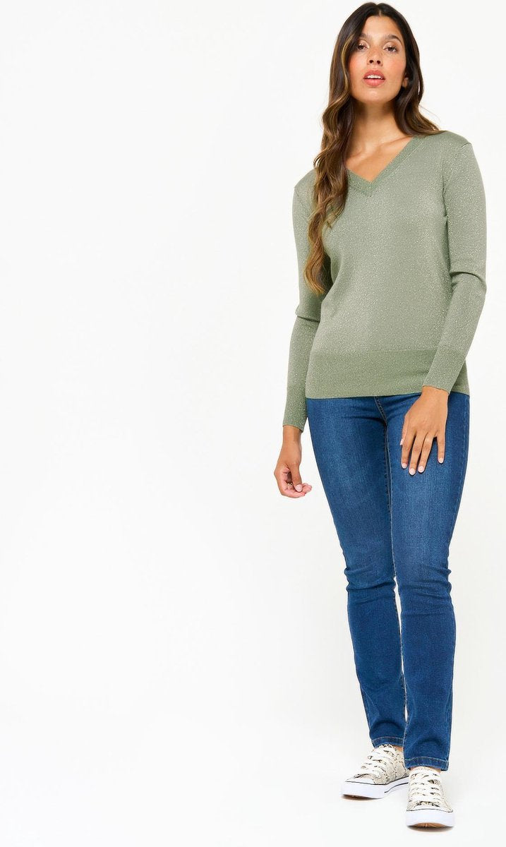 Gebreide trui met V-hals en lurex - Khaki