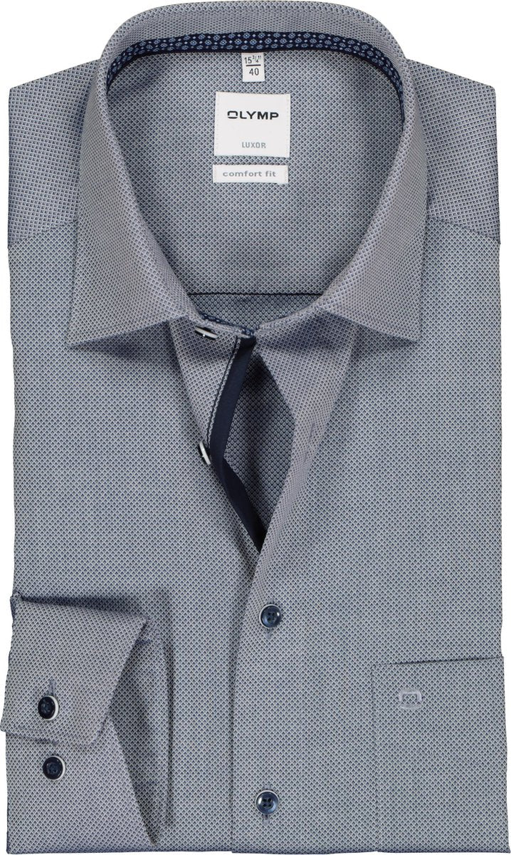 OLYMP Luxor comfort fit overhemd - mouwlengte 7 - marine blauw structuur (contrast) - Strijkvrij - Boordmaat: 48