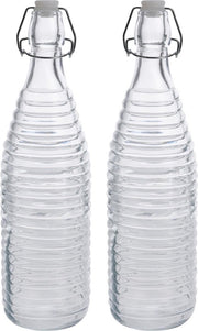 2x Glazen flessen transparant strepen met beugeldop 1000 ml - Keukenbenodigdheden - Woondecoratie - Tafel dekken - Koude dranken serveren/bewaren - Olie/azijn flessen - Decoratie flessen