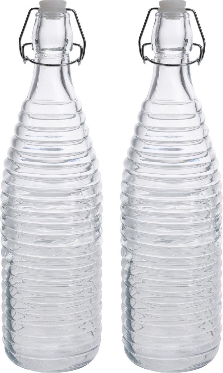 2x Glazen flessen transparant strepen met beugeldop 1000 ml - Keukenbenodigdheden - Woondecoratie - Tafel dekken - Koude dranken serveren/bewaren - Olie/azijn flessen - Decoratie flessen