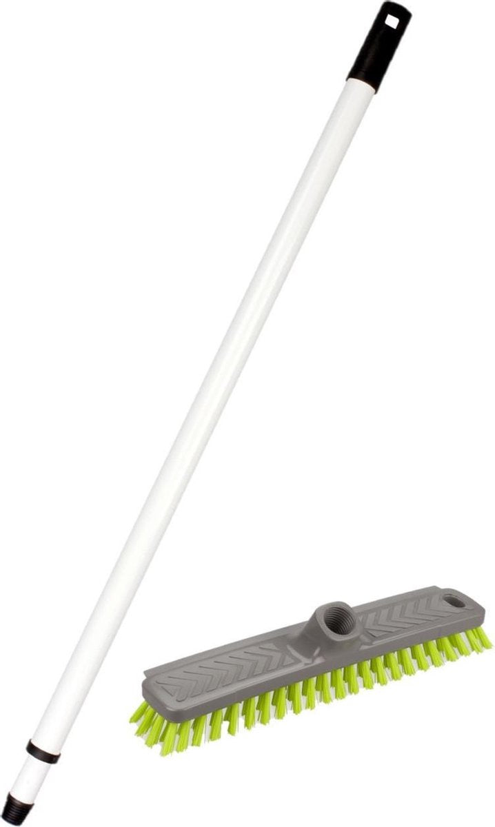 Kunststof schrobborstel/schrobber grijs/groen inclusief metalen telescoopsteel wit 130 cm - Schoonmaakborstels