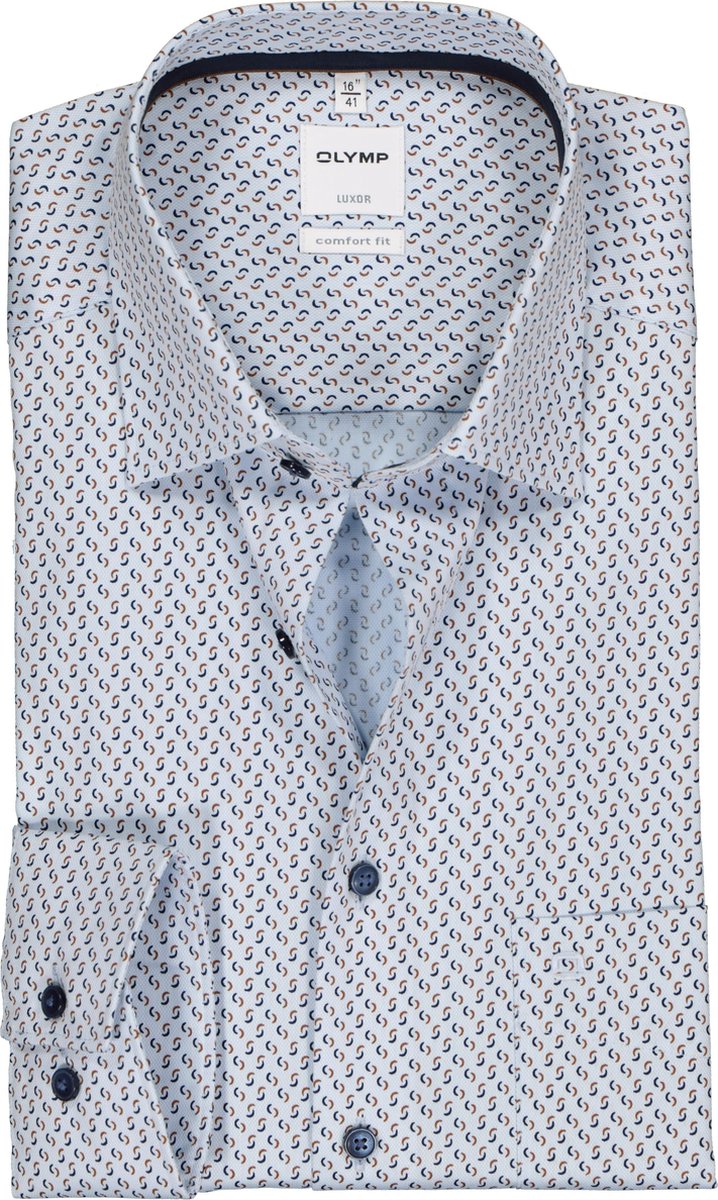 OLYMP Luxor comfort fit overhemd - blauw met beige dessin structuur (contrast) - Strijkvrij - Boordmaat: 48