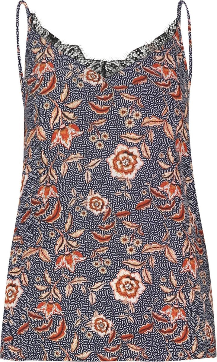 Cassis - Top met kant en Indiase bloemenprint - Marineblauw