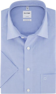 OLYMP Luxor comfort fit overhemd - korte mouw - lichtblauw met wit geruit (contrast) - Strijkvrij - Boordmaat: 48
