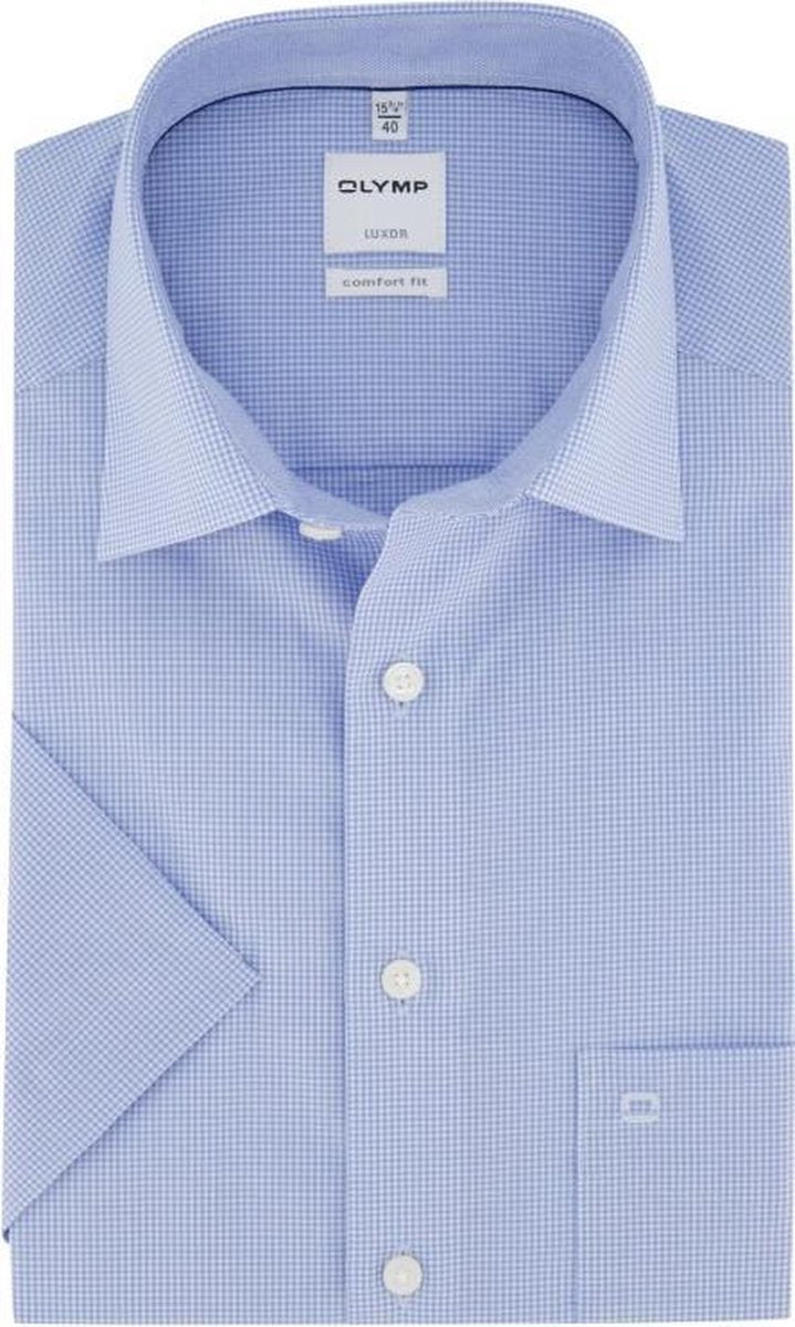 OLYMP Luxor comfort fit overhemd - korte mouw - lichtblauw met wit geruit (contrast) - Strijkvrij - Boordmaat: 48