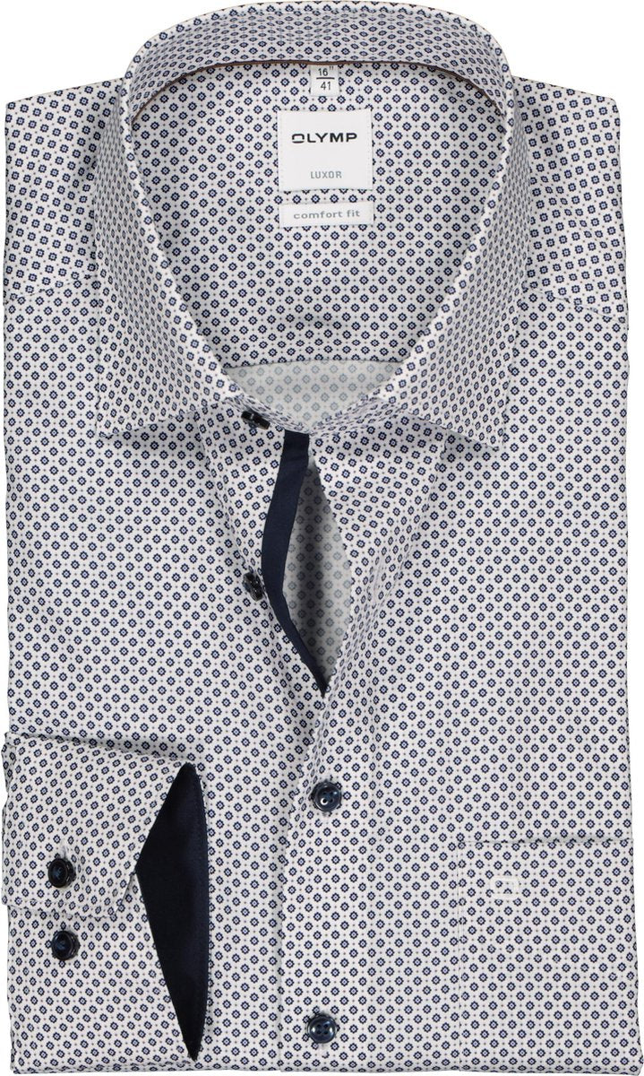 OLYMP Luxor comfort fit overhemd - wit met blauw dessin (contrast) - Strijkvrij - Boordmaat: 48