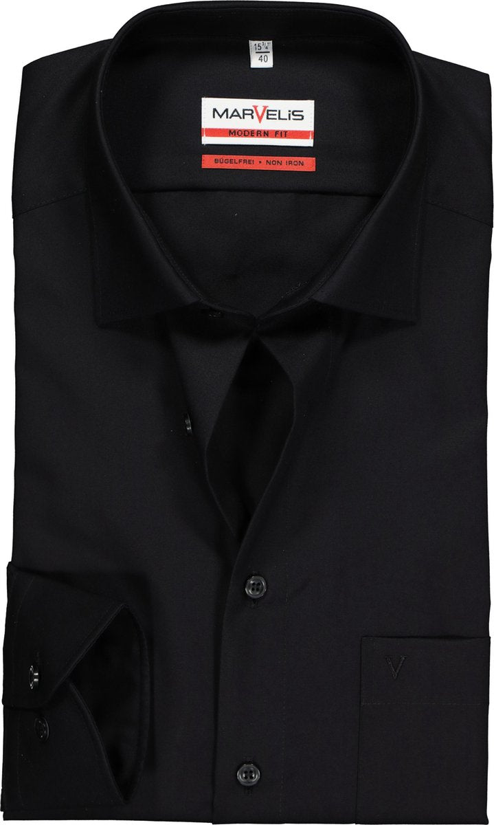 MARVELIS Modern Fit overhemd - zwart - Strijkvrij - Boordmaat: 45