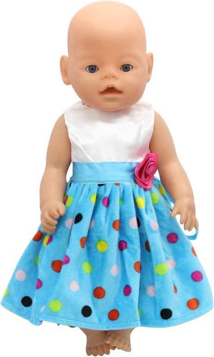 Dolldreams | Poppenkleertjes - Blauw jurkje met stippen en roosje - Voor poppen tot circa 43CM zoals Baby Born
