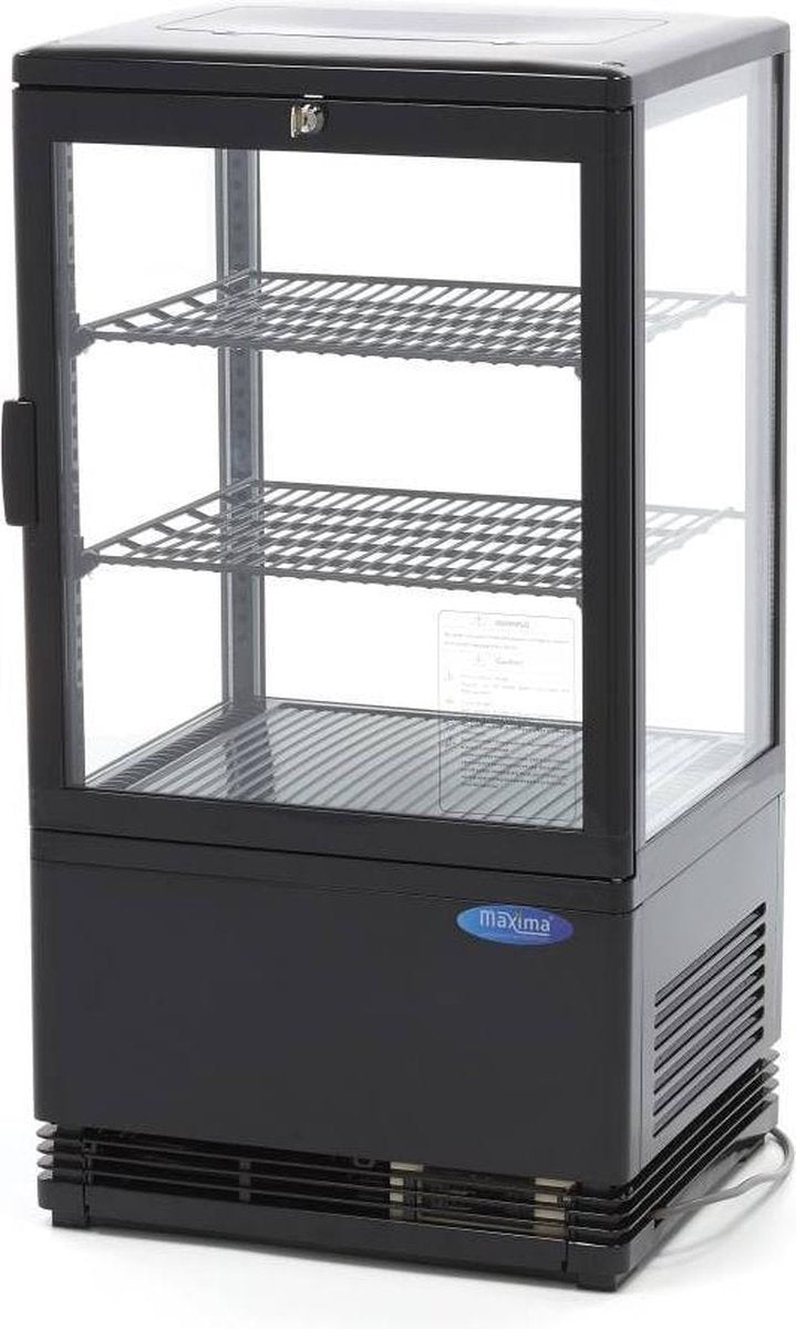 Koelvitrine 58 Liter - Zwart - Tafelmodel - Dubbel Glas - Deur met Slot - Digitale Temperatuur Control - 2 Roosters - Mini Display Vitrine - Maxima