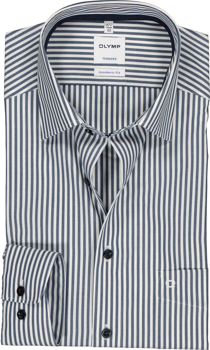 OLYMP Tendenz modern fit overhemd - marine blauw met wit gestreept (contrast) - Strijkvriendelijk - Boordmaat: 38