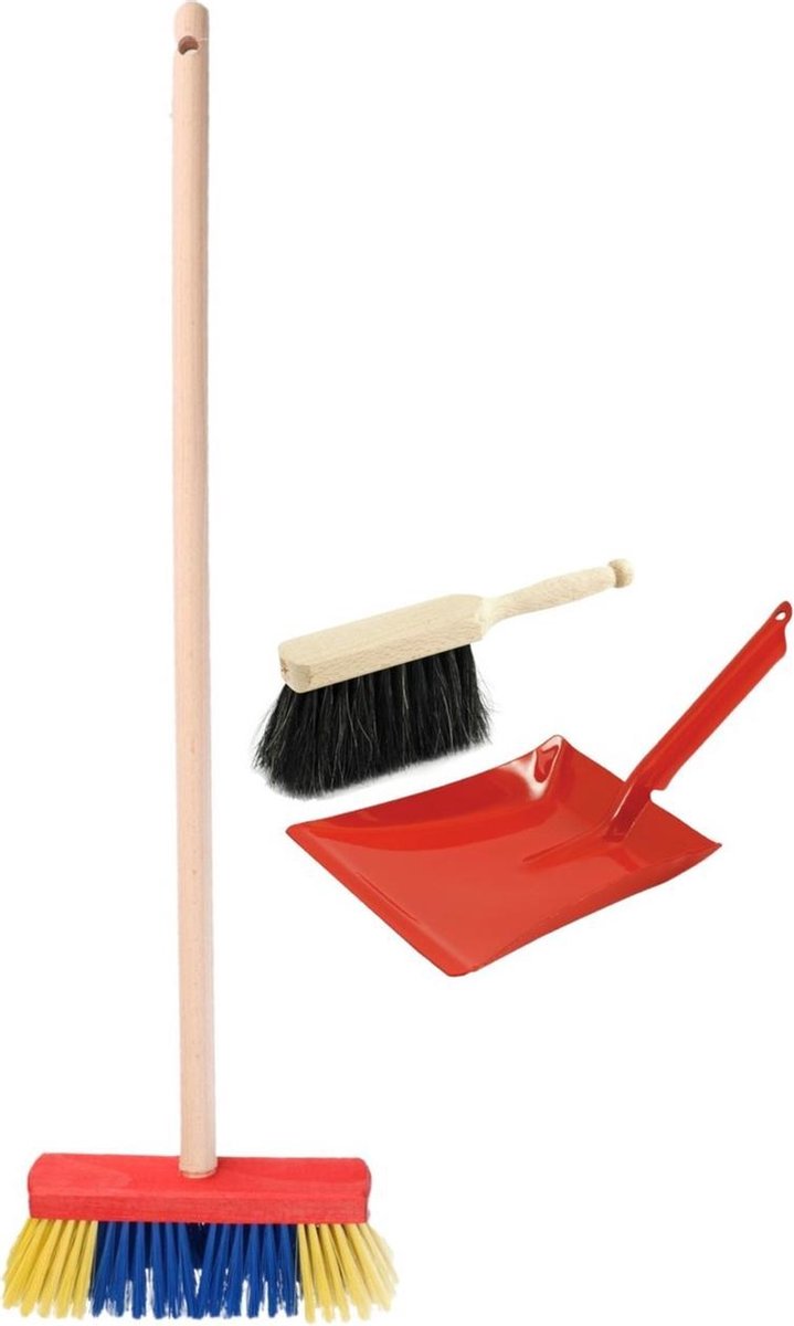 Kinder schoonmaak set bestaande uit stoffer en blik rood met gekleurde bezem - 3-delige speelgoed set