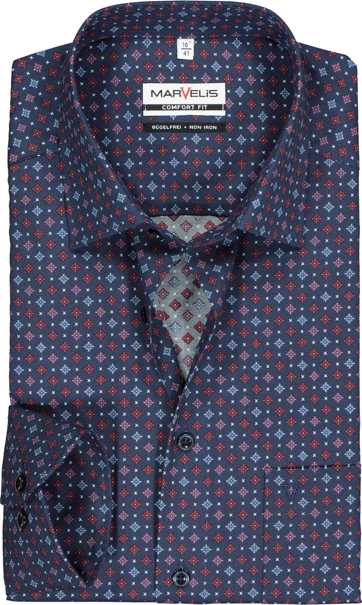 MARVELIS comfort fit overhemd - blauw met bordeaux en roze dessin - Strijkvrij - Boordmaat: 49