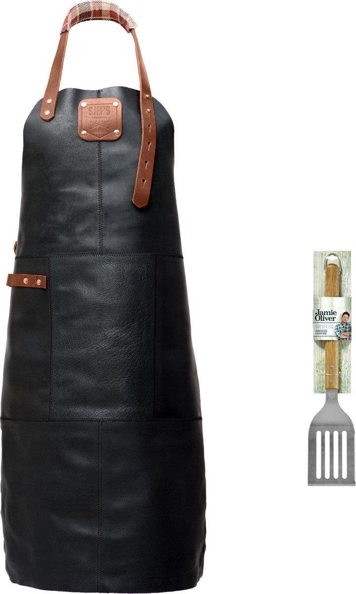 Sorprese Premium – bbq schort – zwartbruin ruit – bbq schort mannen – 100% premium leder – inclusief jamie oliver bbq spatel - bbq schort leer man