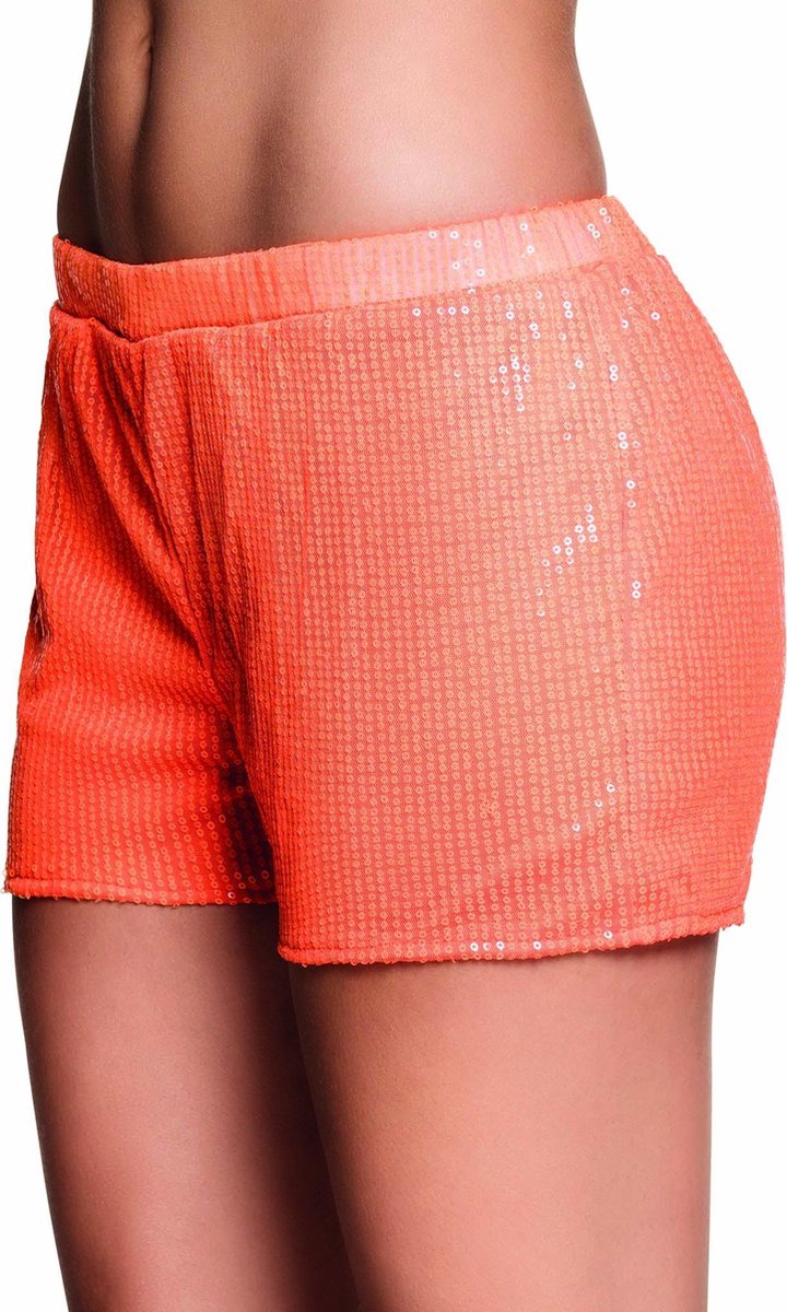 Fluo oranje short met lovertjes voor vrouwen - Volwassenen kostuums