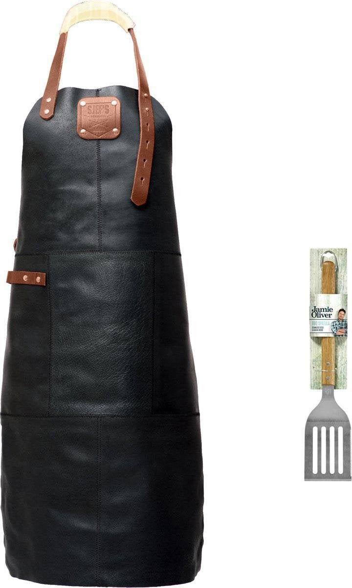 Sorprese Premium – bbq schort – zwart-bruin creme – bbq schort mannen – 100% premium leder – inclusief jamie oliver bbq spatel - bbq schort leer man