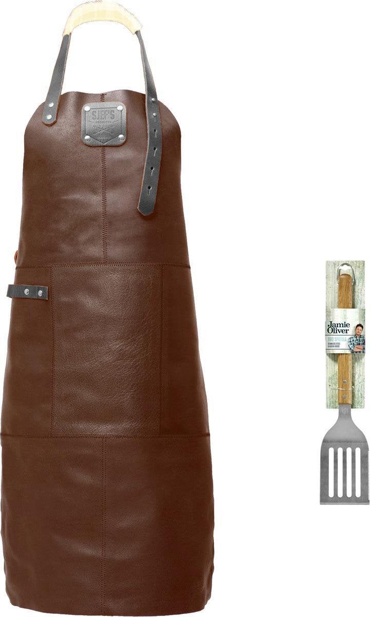 Sorprese Premium – bbq schort – bruin-zwart creme – bbq schort mannen – 100% premium leder – inclusief jamie oliver bbq spatel - bbq schort leer man