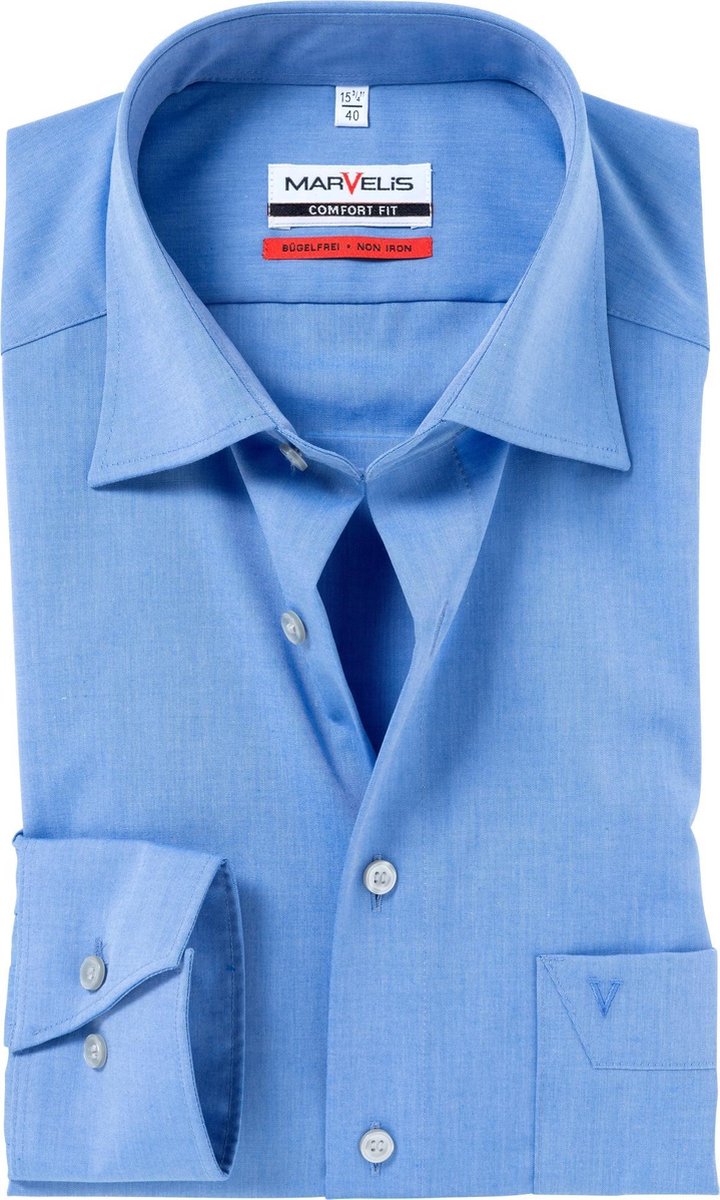 MARVELIS Comfort Fit overhemd - blauw - Strijkvrij - Boordmaat: 44