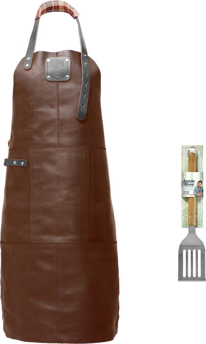 Sorprese Premium – bbq schort – bruin-zwart ruit – bbq schort mannen – 100% premium leder – inclusief jamie oliver bbq spatel - bbq schort leer man