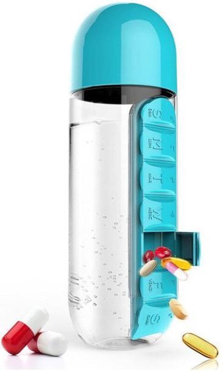 Waterfles met Uitneembaar Pillendoosje – 600 ml – Blauw – Vaatwasser bestendig