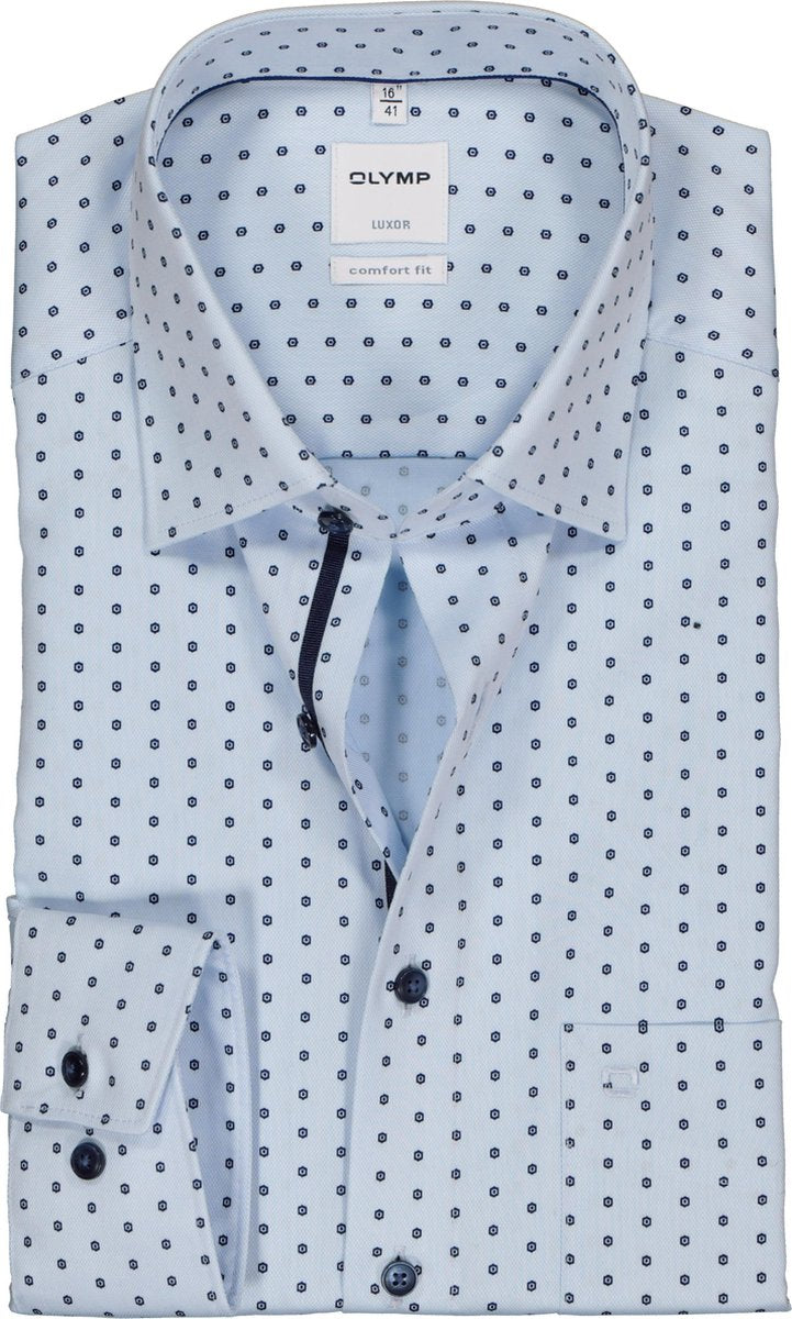 OLYMP Luxor comfort fit overhemd - blauw dessin structuur (contrast) - Strijkvrij - Boordmaat: 48