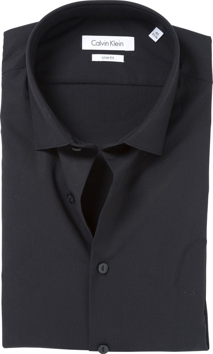 Calvin Klein slim fit overhemd - 2-ply stretch - black - Strijkvriendelijk - Boordmaat: 38