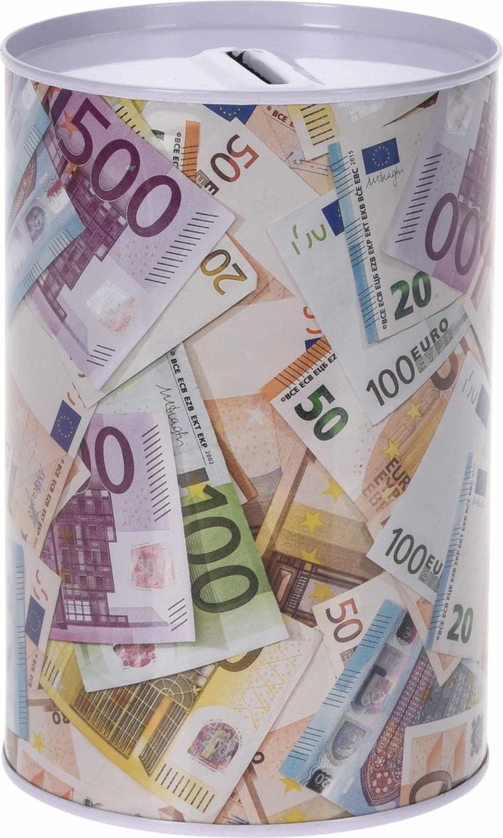Spaarpot euro biljetten stapel 10 x 15 cm - Blikken/metalen spaarpotten met euro biljetten