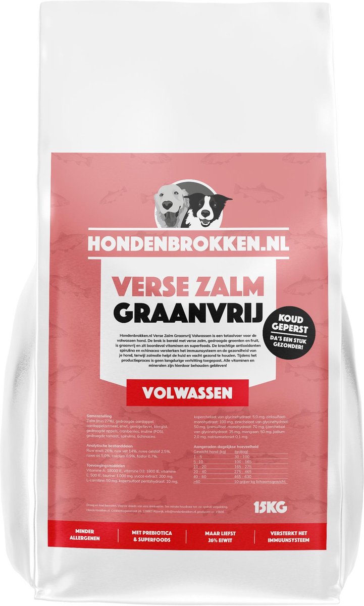 Hondenbrokken.nl Hondenvoer Verse Zalm Graanvrij - Volwassen - Hondenbrokken rijk aan antioxidanten - 15KG