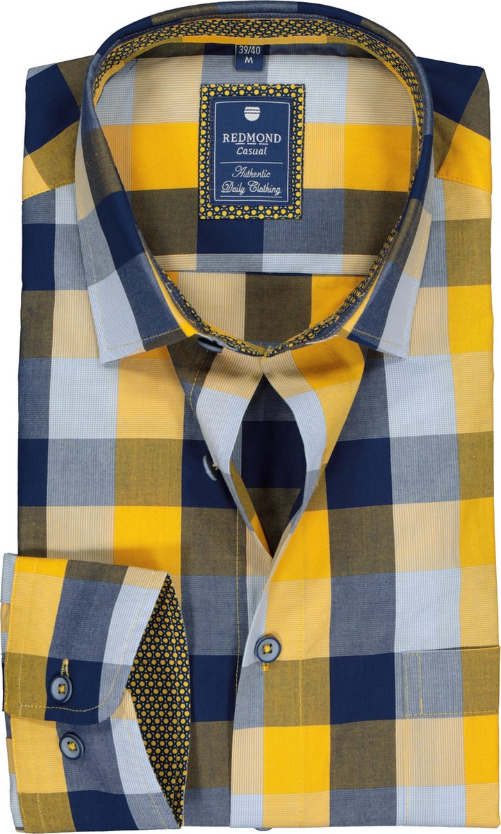 Redmond heren overhemd Regular Fit - geel met blauw geruit (contrast) - Strijkvriendelijk - Boordmaat: 39/40