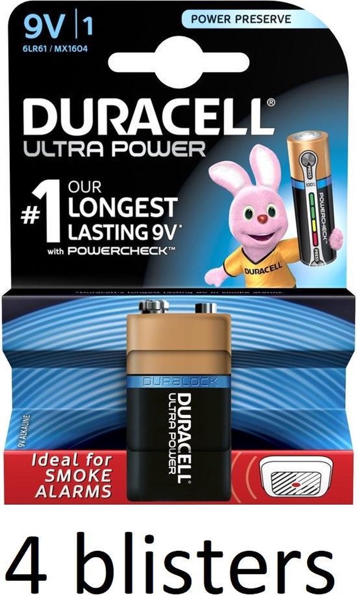 4 Stuk (4 Blisters a 1 st) Duracell Alkaline Ultra Power 9V - 9 Volt