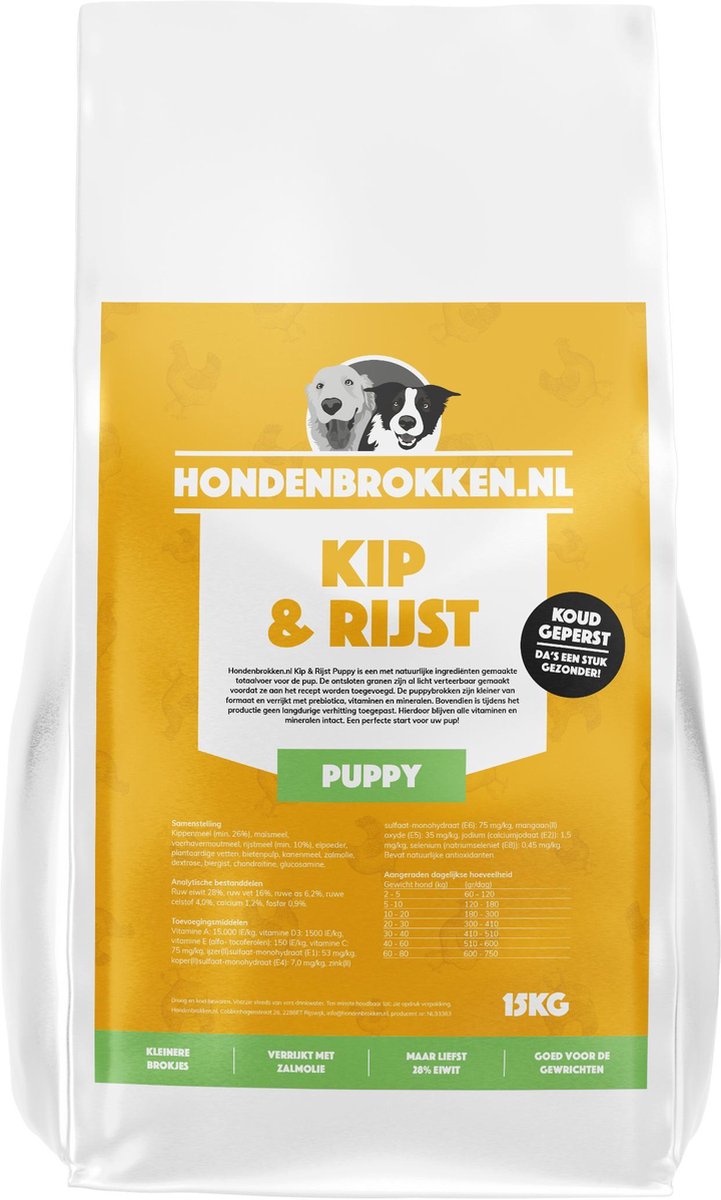Hondenbrokken.nl Hondenvoer Kip & Rijst - Puppy - Hondenbrokken lichtverteerbaar - 15KG