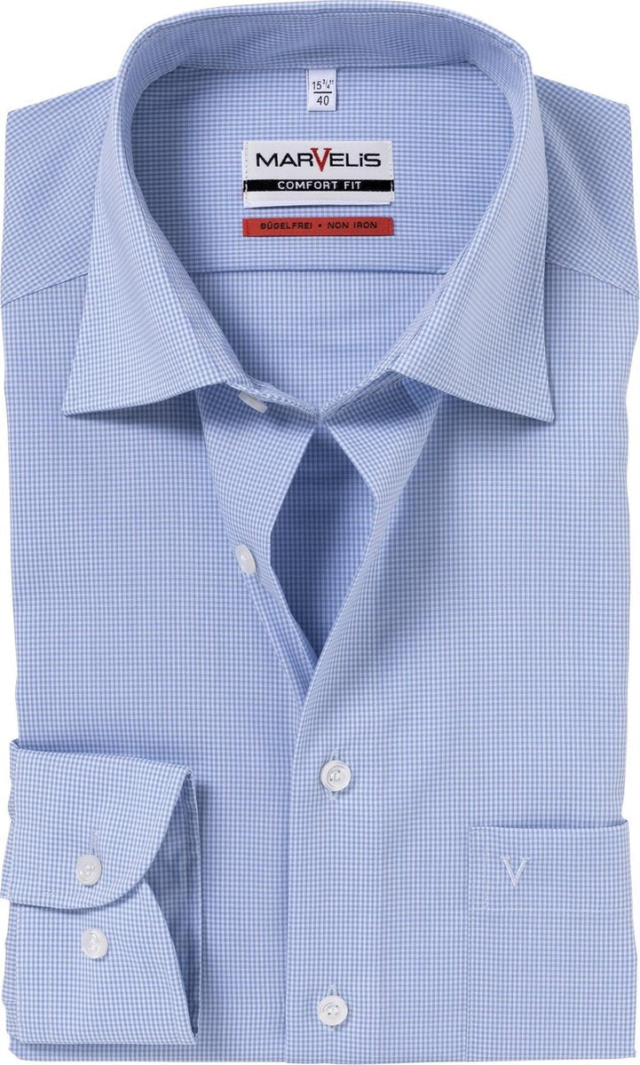 MARVELIS Comfort Fit overhemd - blauw / wit geruit - Strijkvrij - Boordmaat: 40