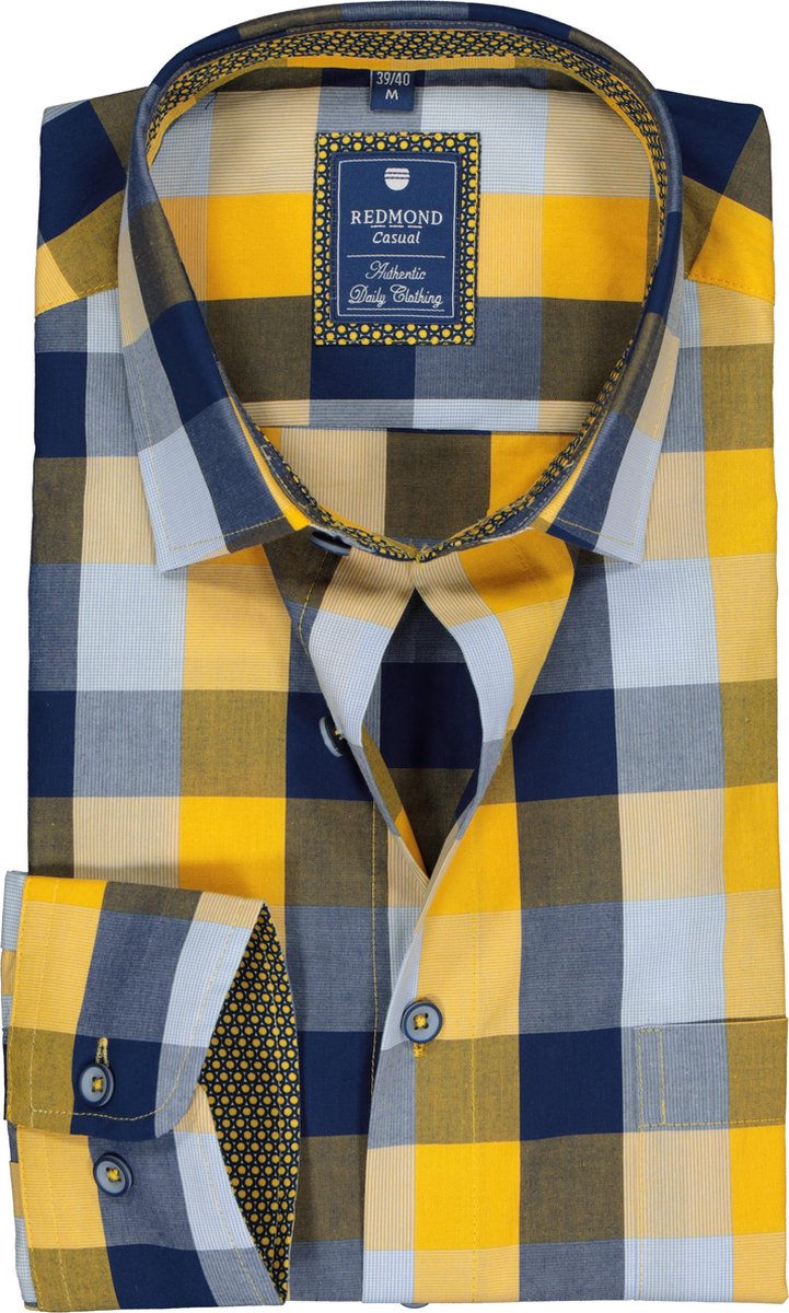 Redmond heren overhemd Regular Fit - geel met blauw geruit (contrast) - Strijkvriendelijk - Boordmaat: 43/44