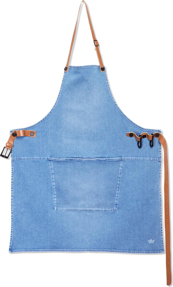 Dutchdeluxes - Denim BBQ Schort met Lederen Banden - Washed Indigo