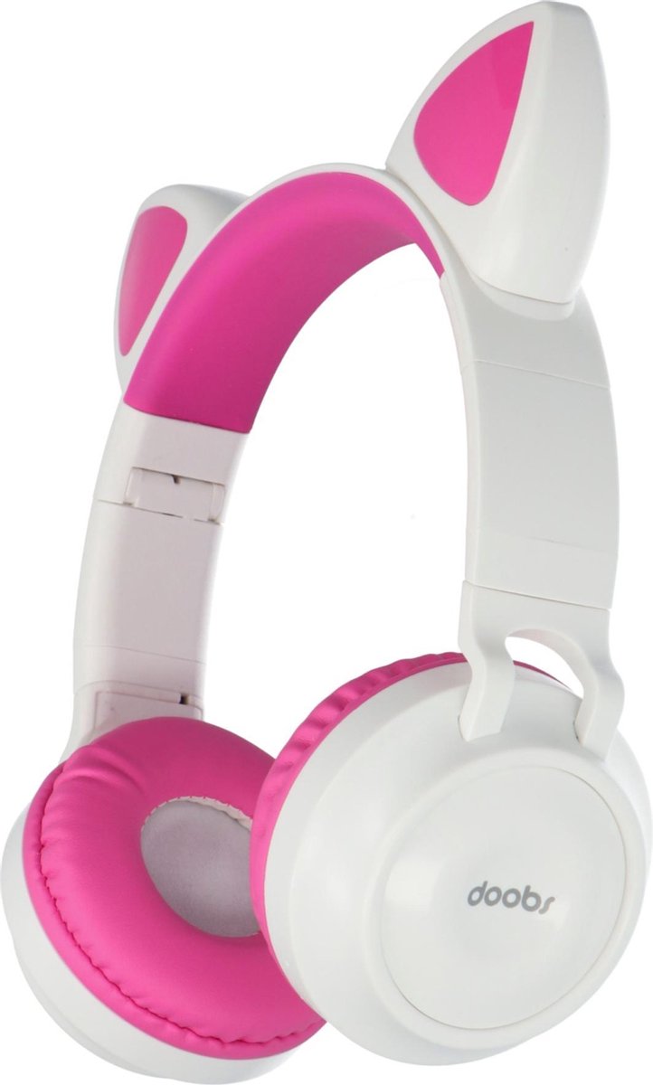Kinder hoofdtelefoon - koptelefoon Bluetooth met led kattenoortjes miauw - wit-roze
