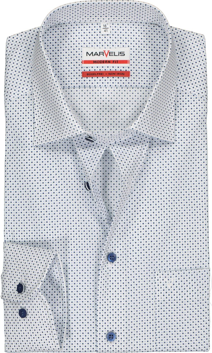 MARVELIS Modern Fit overhemd - wit met 2 kleuren blauw gestipt - Strijkvrij - Boordmaat: 46