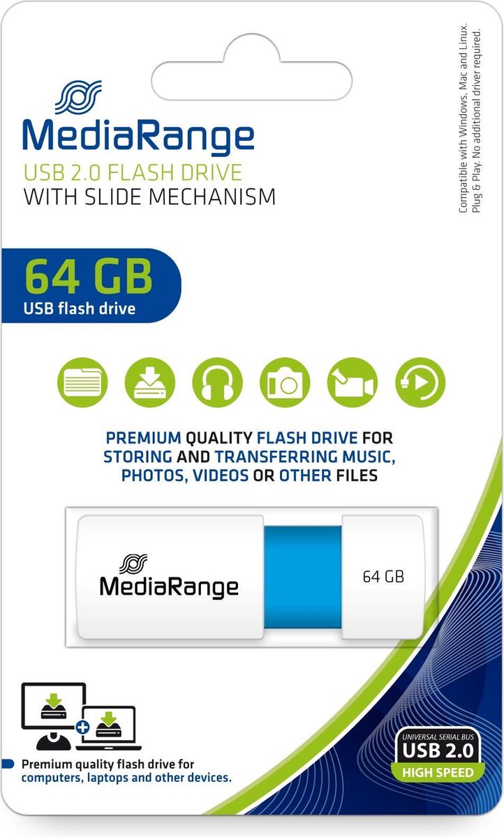 MediaRange USB Stick 64GB MR974 USB flash drive USB Type-A 2.0 Blauw