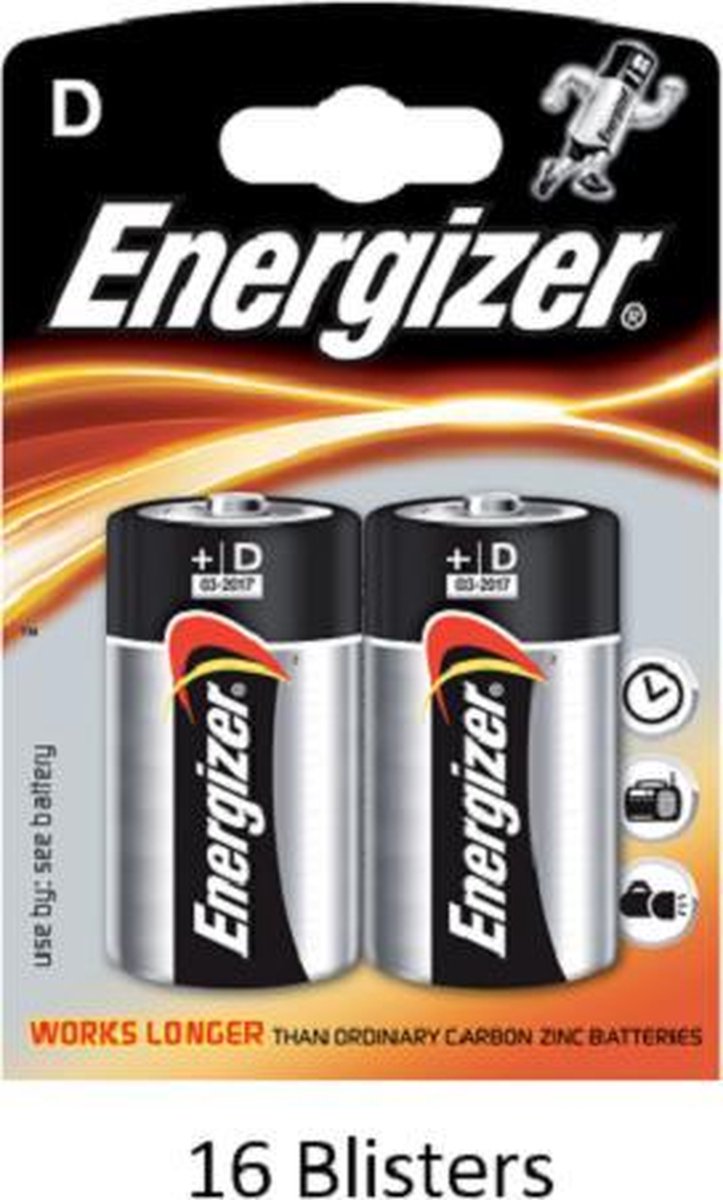 32 stuks (16 blisters a 2 stuks) Energizer Alkaline Power D batterij 1.5V
