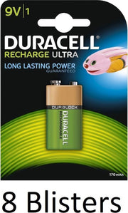 8 Blisters (8 Blisters a 1 st) Duracell 9V Oplaadbare Batterij - 170 mAh